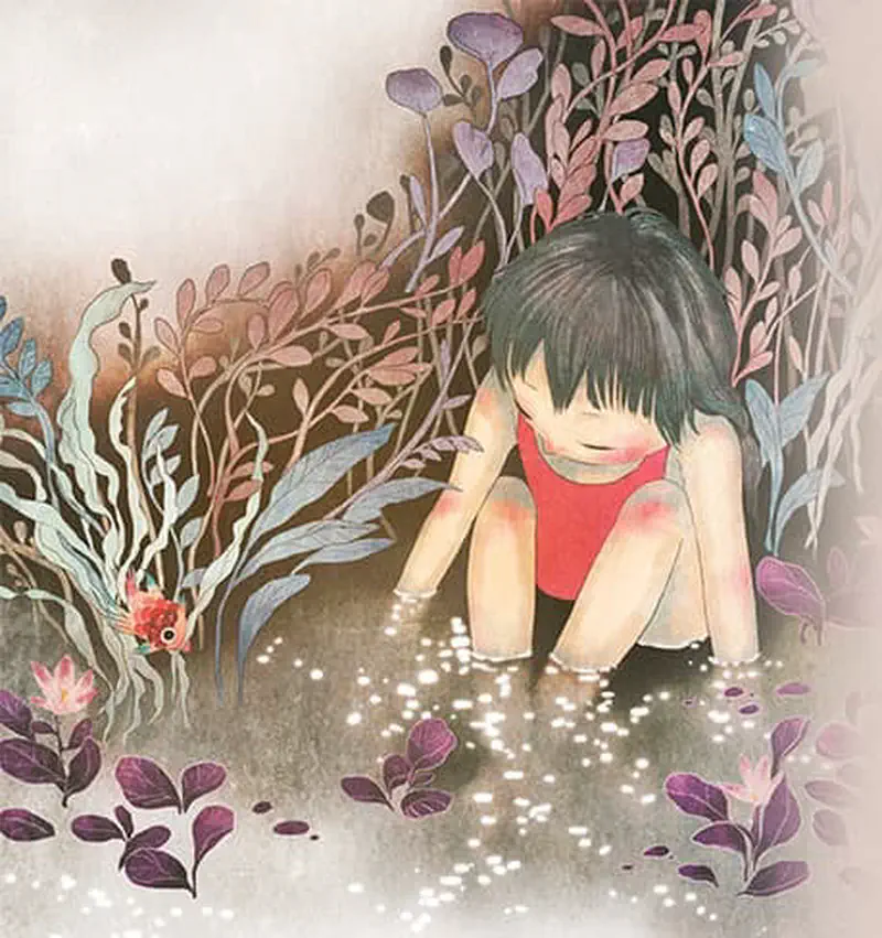A girl in a red swimsuit kneels in shallow sparkling water surrounded by colorful plants and a small fish nearby.