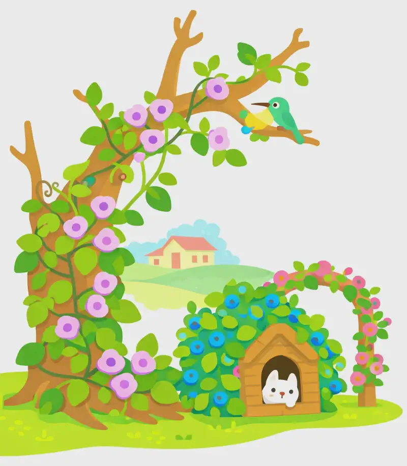 On the left side of the image, a large tree trunk is heavily wrapped in flowering vines with pink-purple blossoms and broad green leaves, with a small house visible in the background on a grassy hill. A small hummingbird is perched on a branch near the top of the vine-covered tree. In the lower-center area, a wooden garden arch and small structure (resembling a doghouse or garden shed) are almost completely overtaken by dense green vines bearing blue berries, with a flowering pink vine climbing over the arch beside it. A small animal (possibly a cat or rabbit) peeks out from inside the vine-covered structure. The scene is set outdoors on a bright, sunny day with a plain white background occupying the right portion of the image.