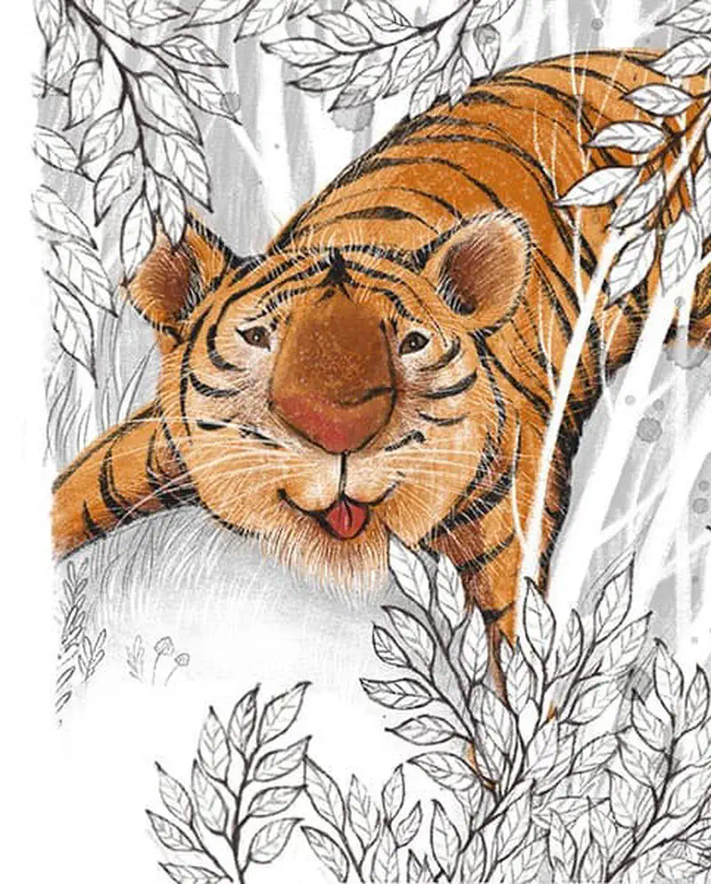 A large orange tiger with black stripes prowls through gray bamboo forest with leaves surrounding its face.