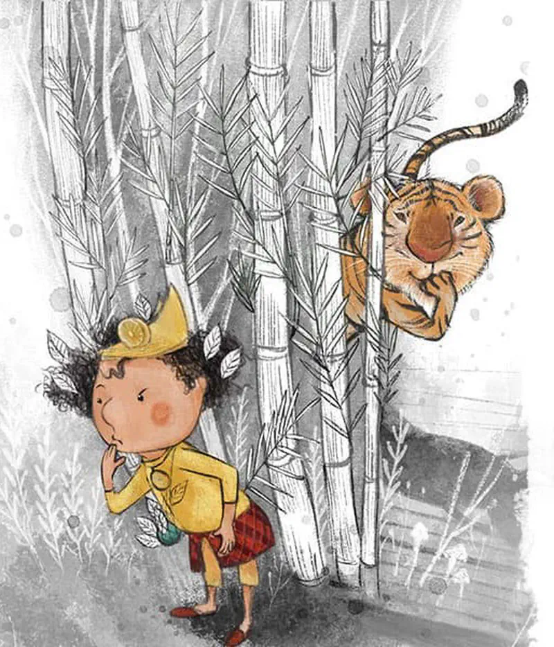 The prince thinks quietly with his finger on his chin while the tiger peeks around bamboo stalks behind him.