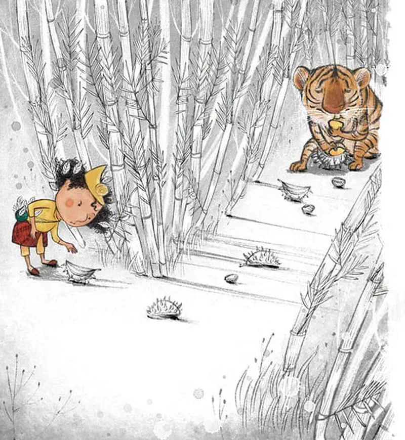 The prince bends down curiously to look at something on the ground while the tiger watches from across the bamboo path.