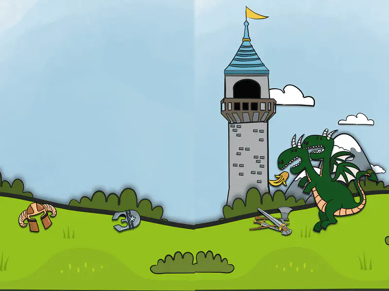 A green dragon stands triumphantly by a tower with defeated knight armor and weapons scattered on the grass.