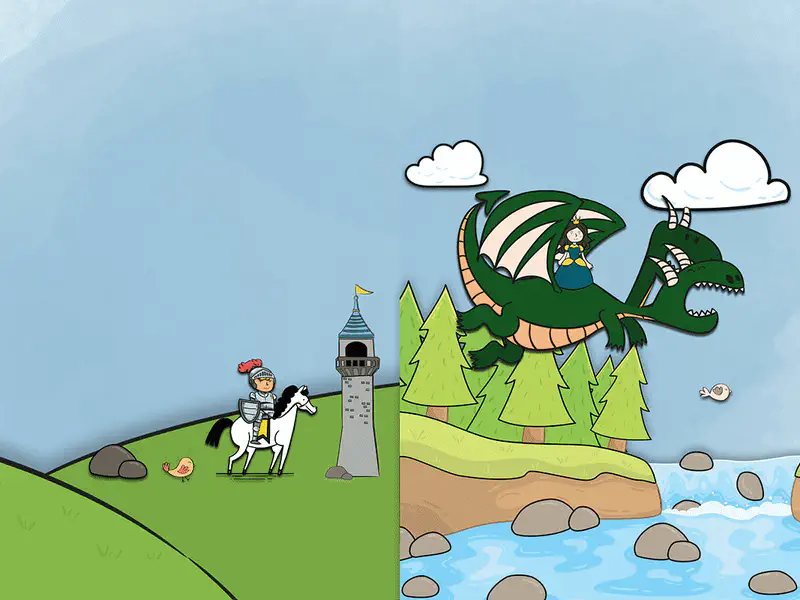 The princess rides on a flying dragon over pine trees near a river while a knight watches from a hill by the tower.