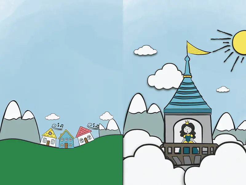 A village with colorful houses sits below mountains while the princess looks out from a tower window among the clouds.