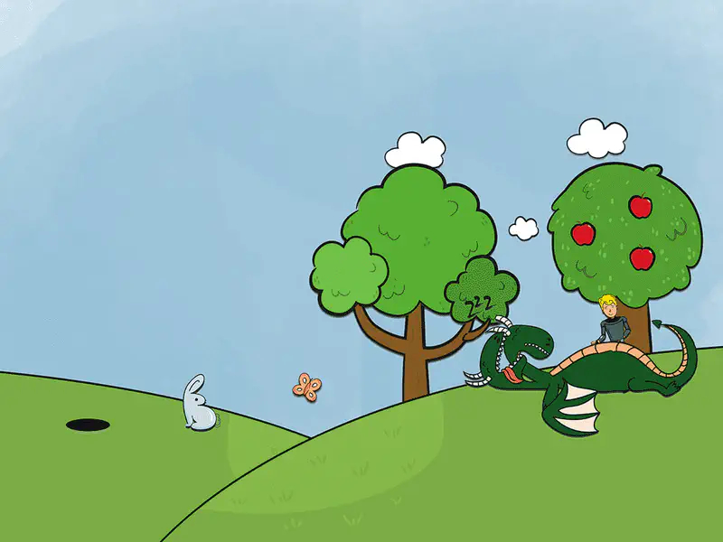 A sleeping dragon rests against a tree while a prince sits nearby under an apple tree on rolling green hills.