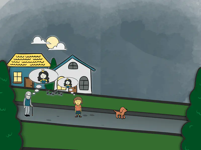 Villagers walk on a road at dusk with thought bubbles showing a sad princess, near houses under a cloudy sky.