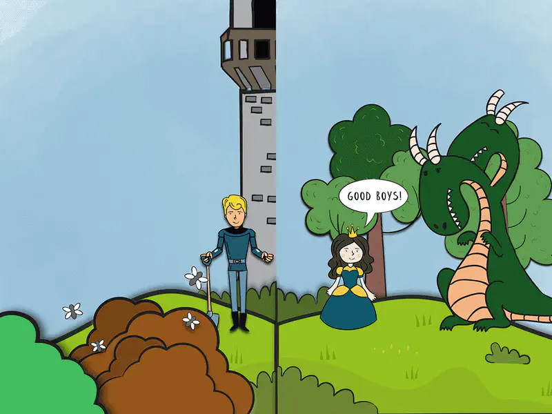 The princess stands near a tower saying good boys to a two-headed green dragon while a prince watches from nearby.