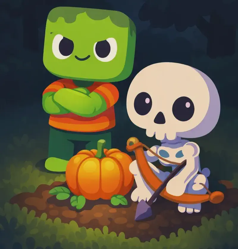 On the right side of the image, Skel sits on the ground beside a single pumpkin growing in tilled soil, looking attentively at it with a watchful, determined expression, as if standing guard over the last remaining crop. Zom stands nearby behind Skel, looking resolute with arms crossed, reinforcing that they are taking turns guarding together. The scene is set outdoors at dusk with dark, moody lighting, with trees visible in the background. The left side of the image is plain dark background reserved for text.