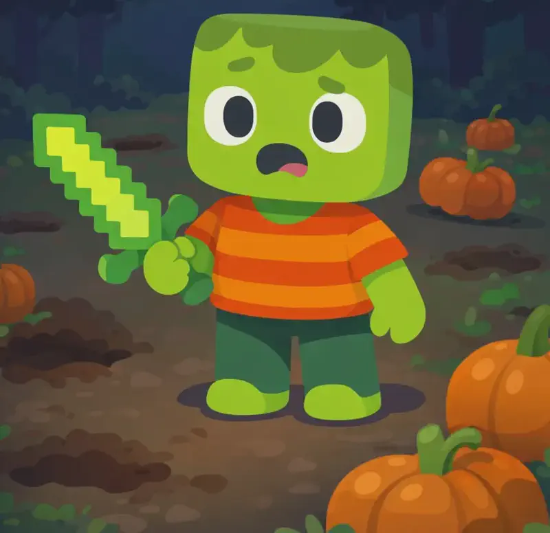 On the right side of the image, Zom stands in an outdoor pumpkin patch area with trees in the background, looking confused and frustrated with a slightly open mouth. He appears to be standing among the patch, surveying the empty ground where pumpkins have gone missing, with only a few scattered pumpkins remaining. The left side of the image is a plain dark/shadowy background clear of detail. The scene has dim, overcast lighting suggesting early morning.