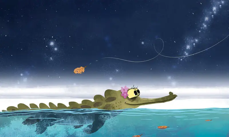 A smiling crocodile with a pink flower swims in turquoise water under a starry night sky with a falling leaf.