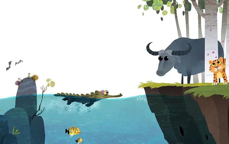 A crocodile swims in blue water while a water buffalo and tiger cub watch from the riverbank with fish swimming below.