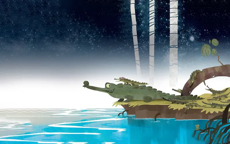 A mother crocodile carries a baby crocodile on her back at the water's edge near birch trees under a starry sky.