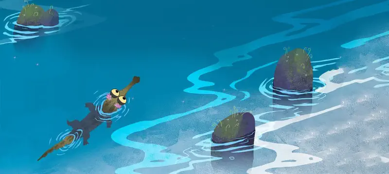 A small crocodile with a pink flower swims through deep blue water past mossy rocks from an aerial view.