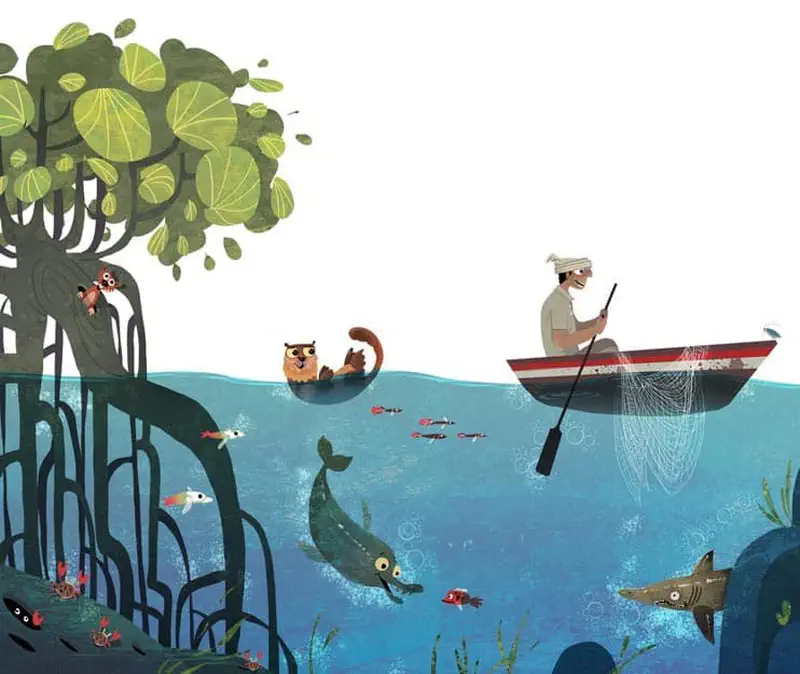 A man in a boat fishes with a net near mangrove trees while a crocodile swims below with various fish and sea creatures.