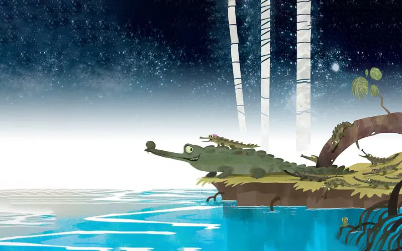 A mother crocodile carries a baby crocodile on her back at the water's edge near birch trees under a starry sky.