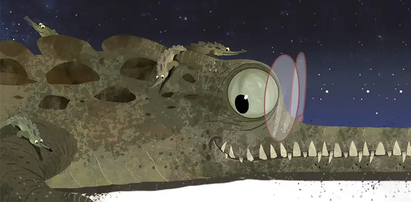 Close-up of a large crocodile's head with baby crocodiles riding on top, sharp teeth visible against a starry night sky.