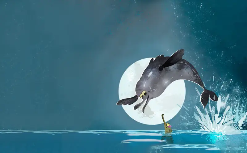 A dolphin leaps joyfully in front of a full moon while a small crocodile watches from the water with splashing waves.