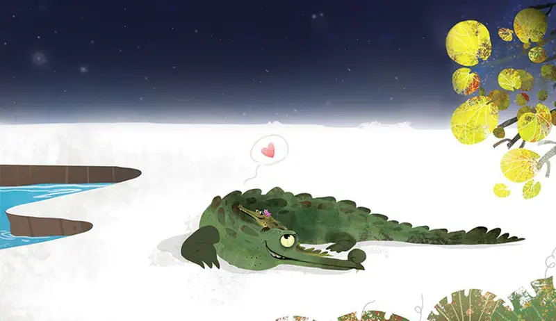 A large green crocodile rests contentedly by the water with a heart floating above, surrounded by yellow lily pads.