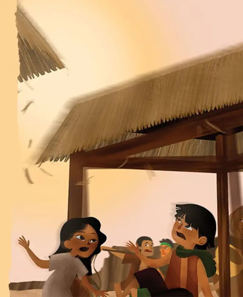 Villagers look worried as strong winds blow the thatched roof of their hut, with feathers scattering in the air.