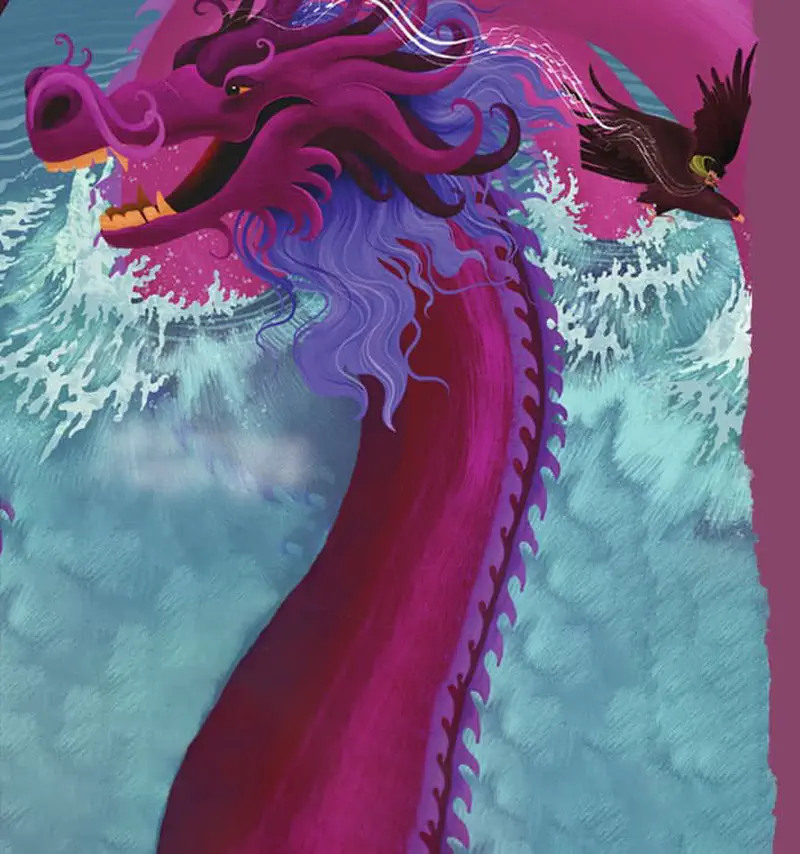 A majestic purple sea dragon rises from crashing turquoise waves while an eagle flies nearby against a stormy sky.