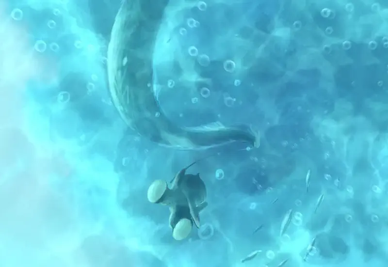 Underwater view of a large whale tail with a small creature below, surrounded by bubbles and schools of fish in turquoise water.