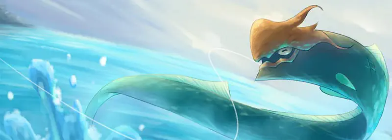 A majestic sea serpent with orange fins and teal scales emerges from ocean waves, water splashing around its long curved body.