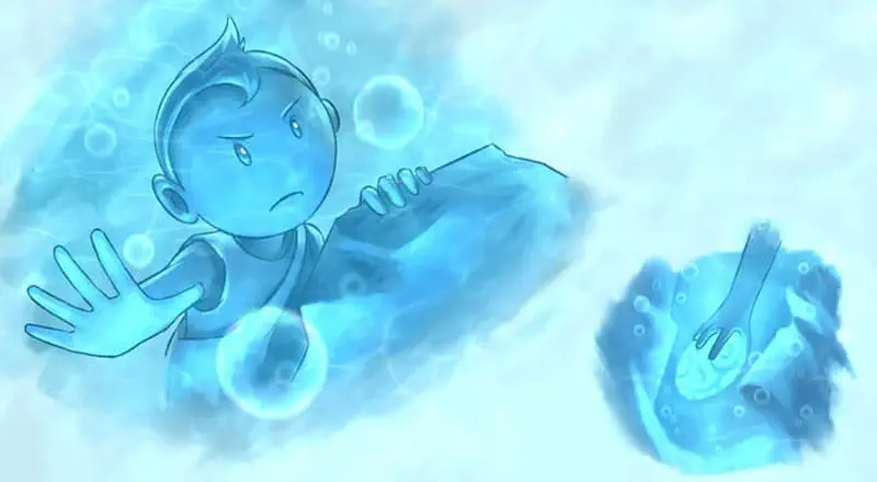 A concerned boy floats underwater surrounded by bubbles, reaching toward a glowing orb containing a small creature.