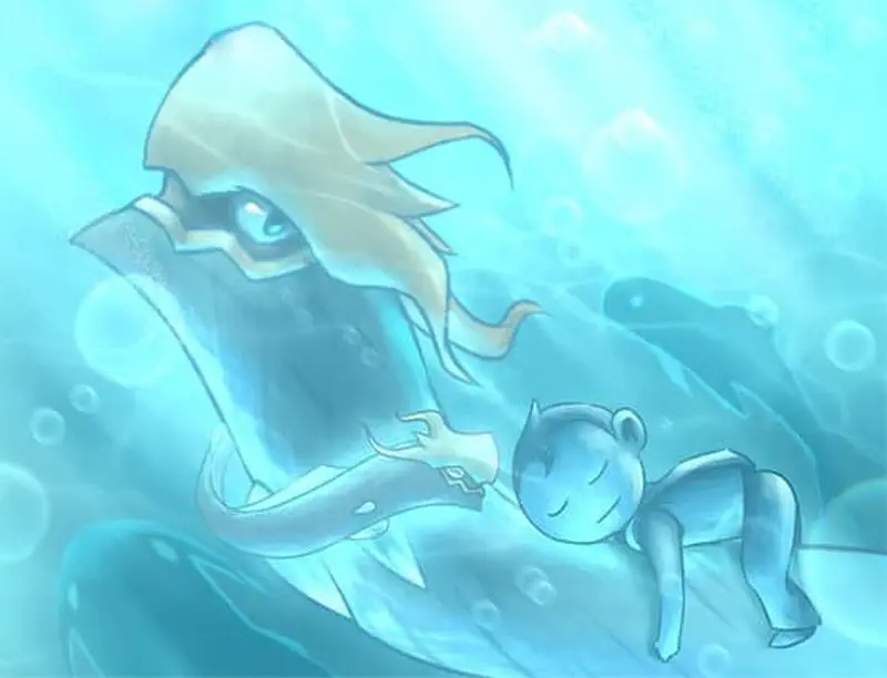 A gentle sea serpent with a squid on its head carries a sleeping boy through calm underwater currents with bubbles floating around.