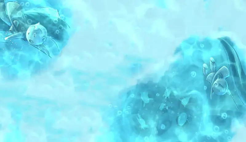 Wide underwater view showing a boy swimming with sea creatures on the left while more fish and a turtle swim in misty blue depths.