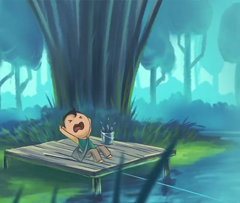 A boy sits yawning on a wooden dock by a misty pond at dusk, tall trees in the background and a bucket with fishing supplies nearby.