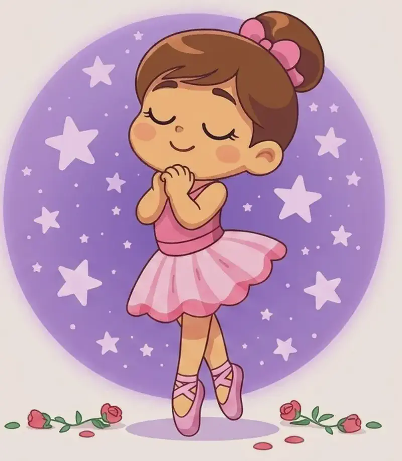 On the right side of the image, The Ballerina stands en pointe with her hands clasped together near her chin, eyes closed and smiling dreamily, as if imagining her future glory. She wears a pink leotard and tutu with pink pointe shoes, her brown hair swept into a bun tied with a pink bow. She is framed by a glowing purple spotlight circle filled with white and lavender stars. Small red roses with green stems and a few scattered petals lie along the ground at her feet, as though tossed by an adoring audience. The left side of the image is a plain pale cream background, left empty.