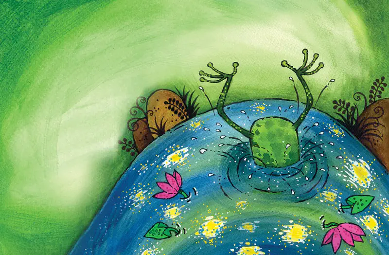A frog splashes into a pond with arms raised, creating ripples in water dotted with yellow stars and a pink lotus flower.