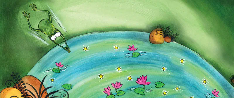 A frog dives headfirst into a pond filled with pink lotus flowers, lily pads, and floating yellow stars on green water.