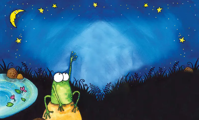 A frog sits on a rock at night reaching toward stars in a deep blue sky, with a crescent moon and a pond with lotus flowers nearby.