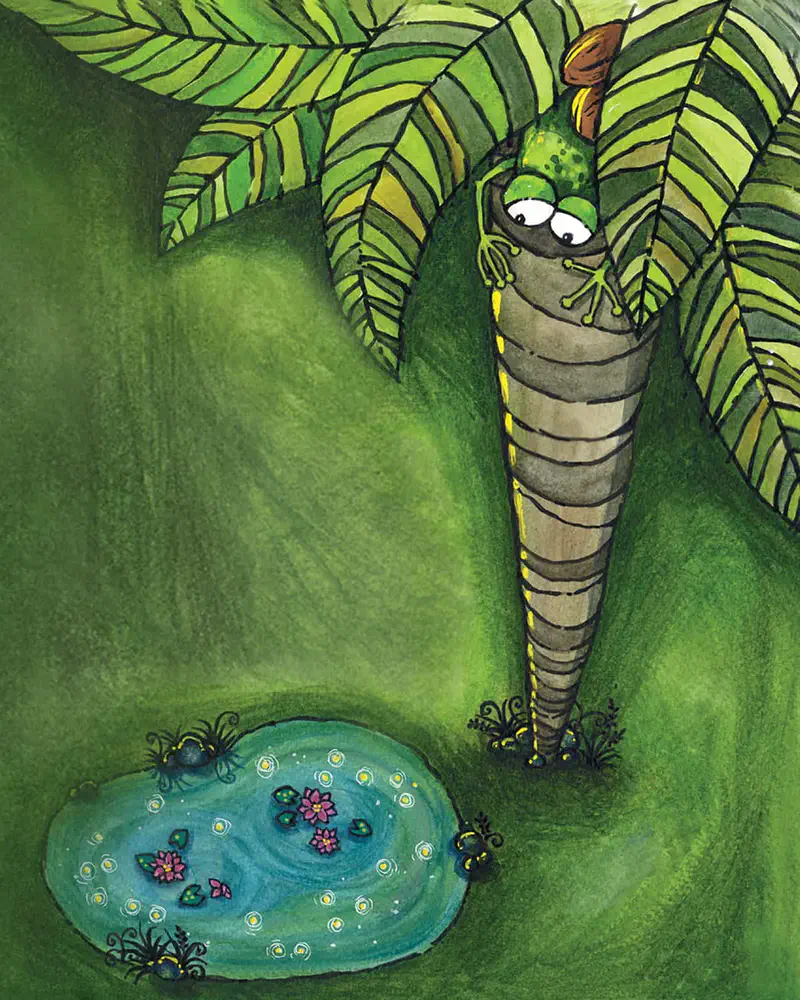 A frog clings to a palm tree trunk looking down at a small pond with lotus flowers and floating lights on a green hillside.