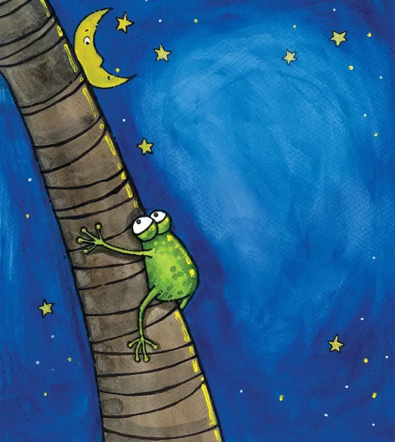 A frog climbs a palm tree trunk at night reaching toward a smiling crescent moon surrounded by stars in a blue sky.