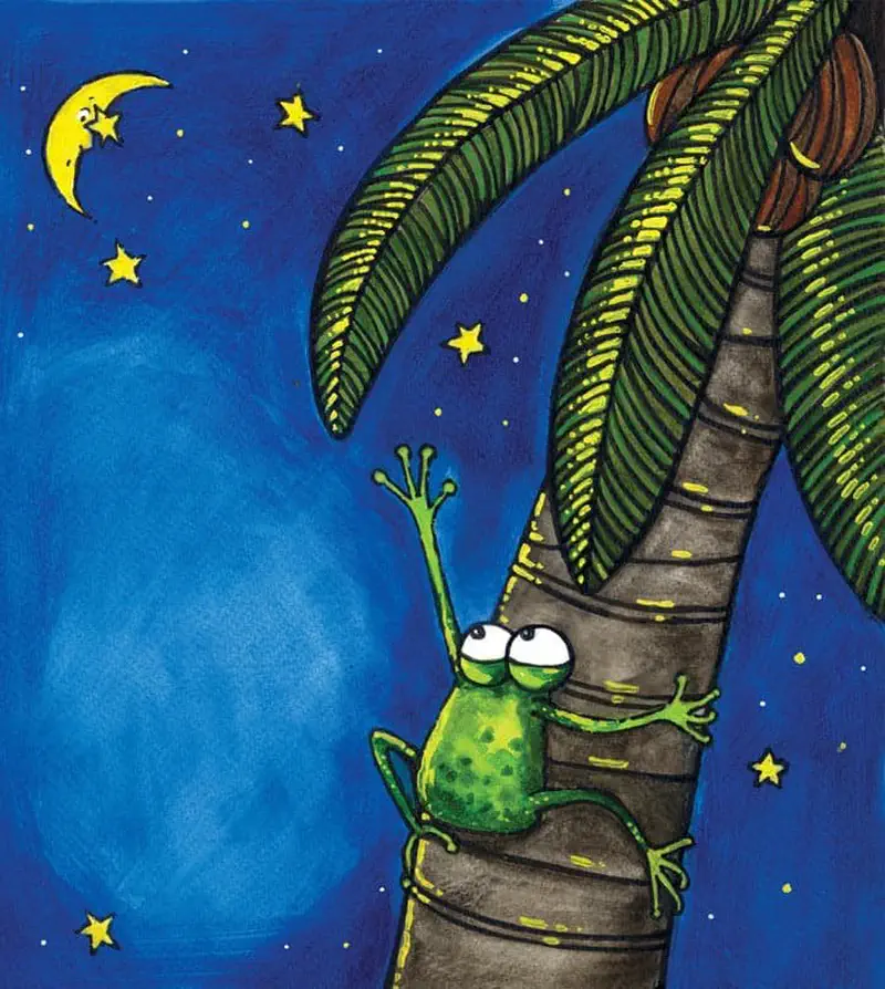 A frog clings high on a palm tree at night, one arm stretched toward a crescent moon in a starry blue sky.