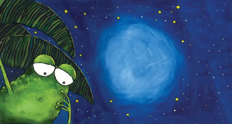 A sad frog peeks out from behind palm fronds at night, gazing at a glowing light in the dark blue starry sky.