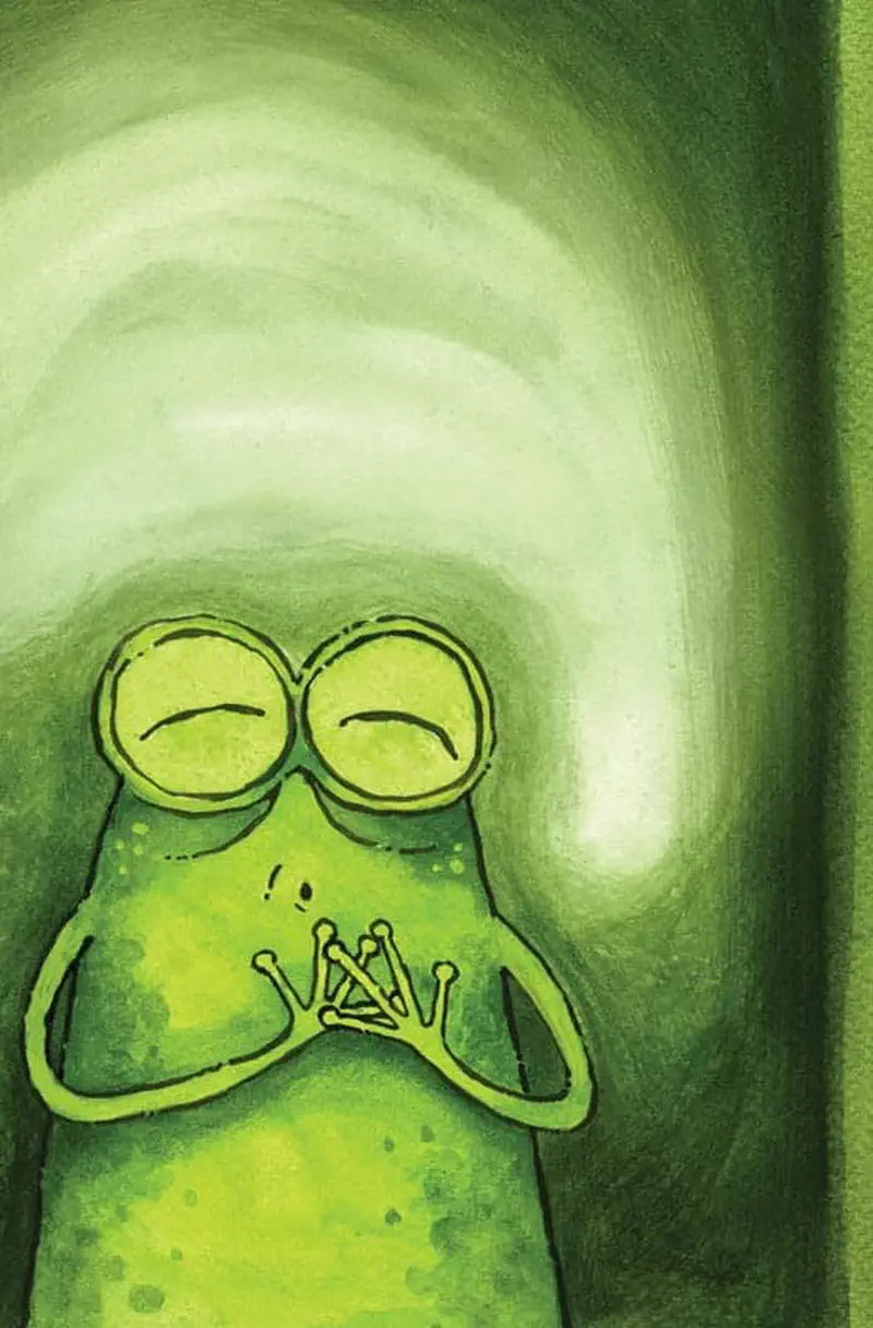 A peaceful frog with closed eyes sits with hands together in a prayer-like pose, bathed in soft green light.
