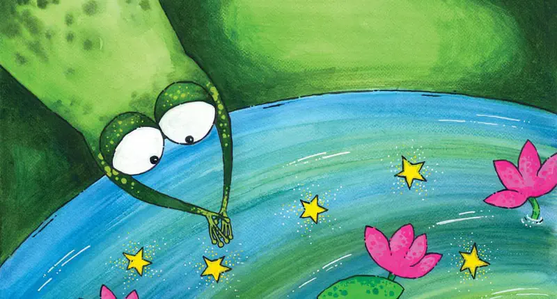 A frog reaches from grassy banks into a pond to touch floating yellow stars among pink lotus flowers on blue water.