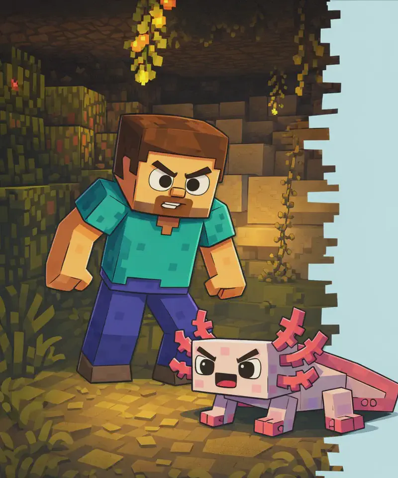 On the left side of the image, Steve stands in a Minecraft-style lush cave environment, looking down with a determined expression at Axolotl, who is sitting on the ground at his feet. The scene is set in a dim underground cave with stone walls, hanging vegetation, and glowing fire/torches above providing warm light. The right ~40% of the image is plain light blue background.