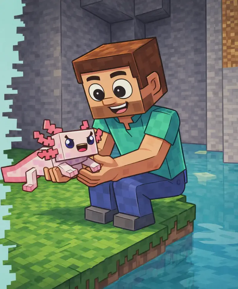 On the right side of the image, Steve kneels on a grassy ledge beside a pond, smiling as he carefully holds Axolotl in both hands. The scene is set outdoors next to a stone cliff face, with calm blue water surrounding the grassy bank. The left side of the image is plain light teal background, clear for text overlay.