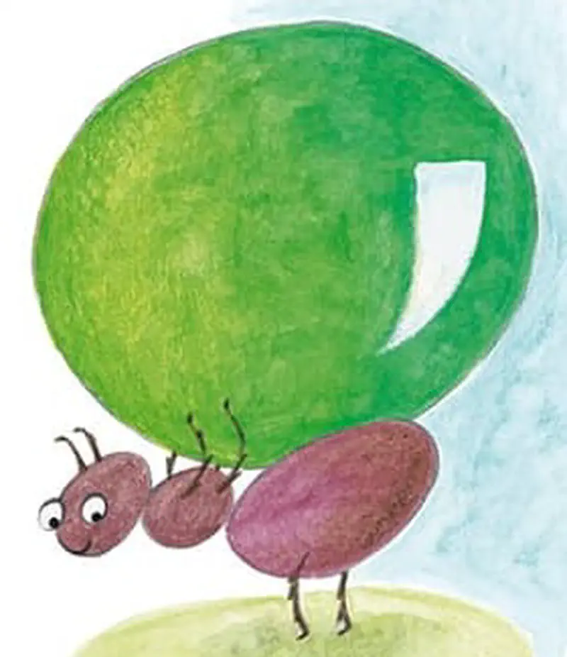 A strong ant carries an enormous green grape or ball high above its head against a soft blue and green background.