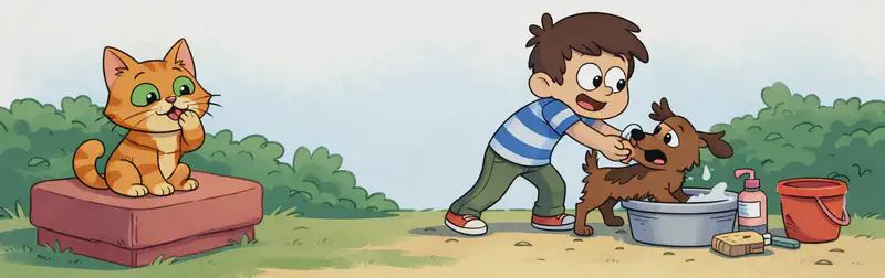 In the lower half of the image, The Cat sits on a pink/red cushion or box on the left side, licking one paw with a smug, self-satisfied expression — grooming itself clean. In the lower right, one of the kids stands pushing against a small, muddy brown dog, trying to wash it near a metal tub of water, a bottle of soap, a red bucket, and a scrub brush laid out on the ground. The kid has a determined, slightly strained expression as the dog resists. The scene is set outdoors in a suburban backyard with green bushes in the background. The top half of the image is plain white/light blue watercolor wash.