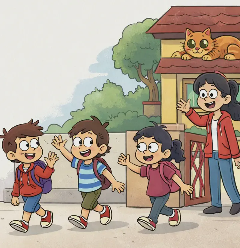 On the right side of the image, Mom stands smiling at an open front gate of a suburban house, waving goodbye to the kids as they head off to school. The kids are walking away from the house with backpacks — one boy waves back cheerfully while another boy and the girl walk ahead with arms outstretched in excited motion. The Cat is lounging contentedly on a ledge or windowsill above the front porch of the house, watching the scene below. The setting is outdoors on a bright daytime morning, with trees and greenery visible behind the house. The left side of the image is plain white background, leaving space for text.
