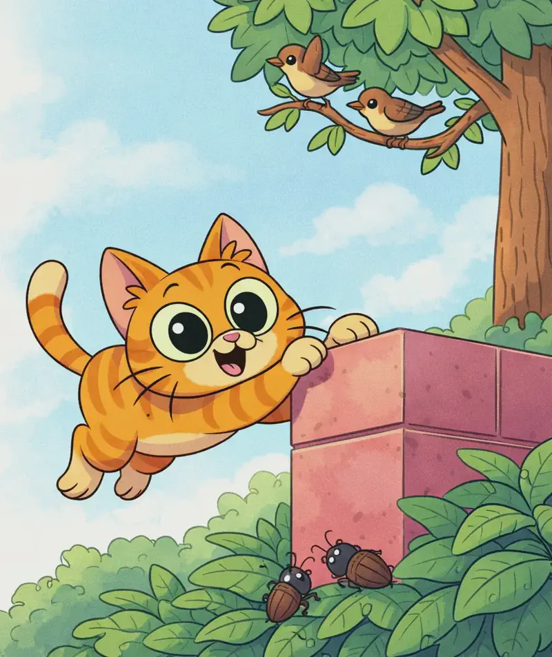 On the right side of the image, The Cat is mid-leap with front paws stretched forward, wrapping its claws around the edge of a pink/red low wall, with a playful, focused expression and bright green eyes. Wriggling beetles peek out from under leaves at the base of the wall, and small wrens hop along tree branches above. The scene is set in a sunny backyard with lush green bushes along the bottom, a tree trunk and leaves visible in the upper right corner, and a clear blue sky with soft clouds. The left side of the image is open sky and white space, free of characters or detail.
