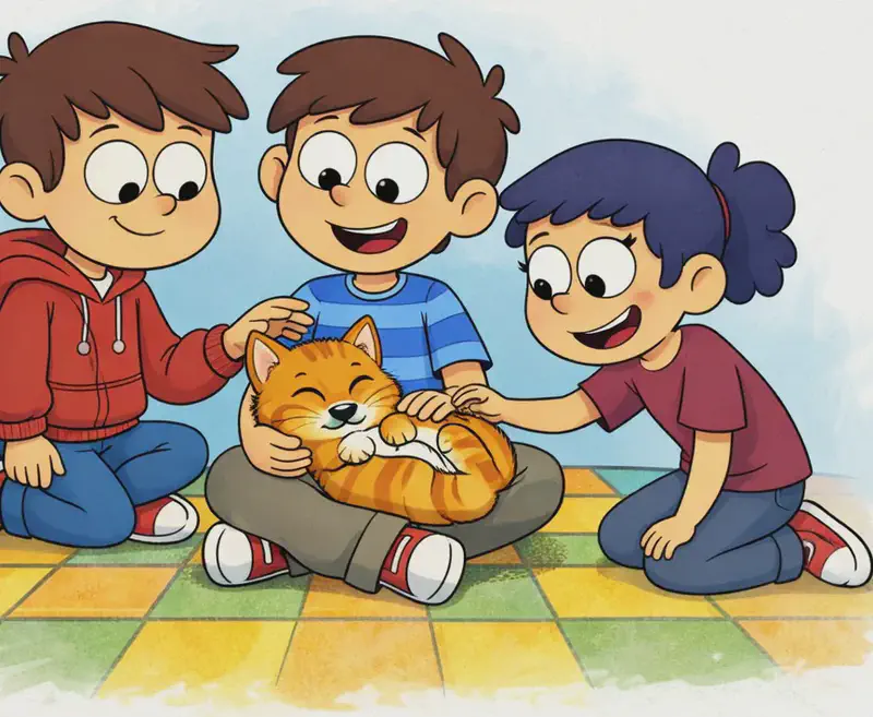 On the left side of the image, three kids are sitting and kneeling on a colorful checkered floor in yellow, green, and orange tiles. One of the kids, a boy with brown hair in a blue striped shirt, sits cross-legged in the center, smiling happily while holding The Cat in their lap. The Cat, an orange tabby, is curled up contentedly on the kid's lap with eyes closed, looking relaxed and happy. A second kid, a boy in a red hoodie and jeans, kneels on the left beside them, leaning in with a smile and reaching out to pet The Cat's head. A third kid, a girl with a dark blue ponytail wearing a maroon shirt, kneels on the left side beside them, smiling and also reaching over to pat The Cat. The right ~40% of the image is plain white background. The scene is indoors with a soft blue wash suggesting a cozy living room setting.