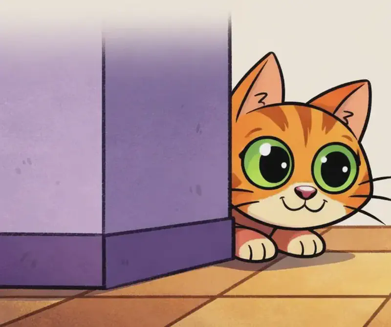 In the lower half of the image, The Cat peeks around a purple wall corner at floor level on the left side, in a low crouch with a focused, determined expression and wide green eyes, watching a small gray mouse on the right. The mouse is scurrying across a tiled kitchen floor carrying crumbs in its mouth. The scene is set indoors on warm-toned tile flooring with a pale wall behind.