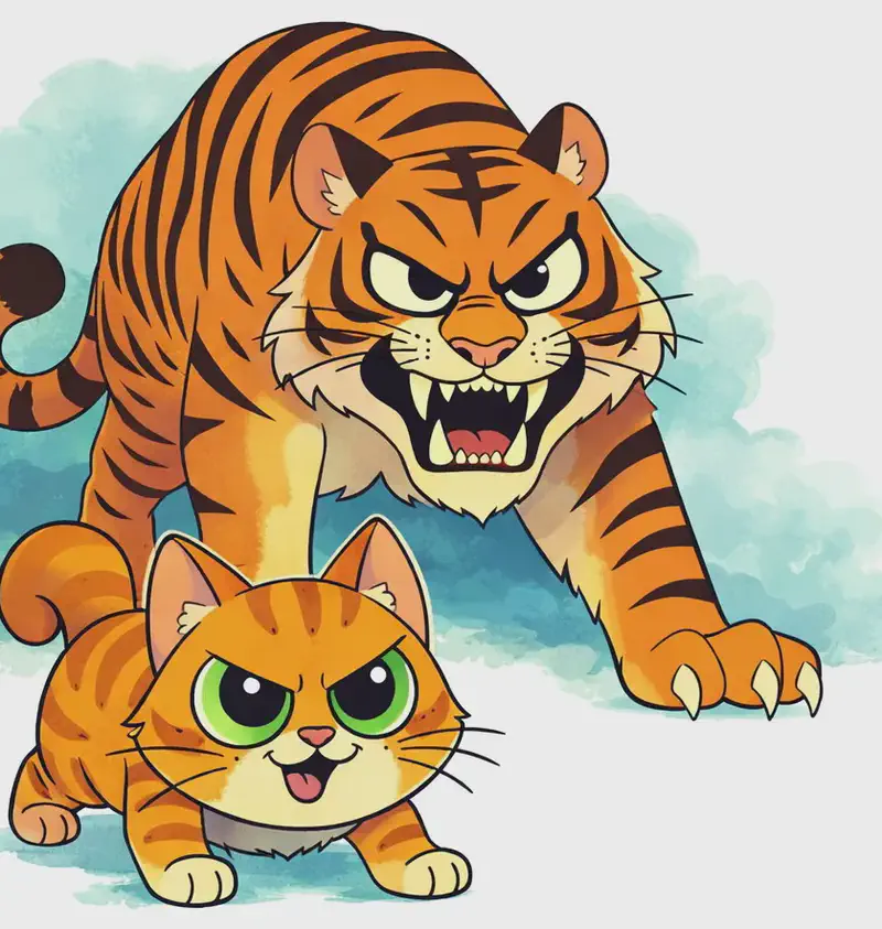 On the left side of the image, The Cat stands in the foreground with a determined, slightly mischievous expression, looking directly at the viewer. Behind The Cat looms a large tiger — representing The Cat's fantasy of growing big — standing in the same pose with a fierce expression, sharp claws extended and fangs bared, set against a soft blue-green watercolor cloud. The right ~40% of the image is plain white background.