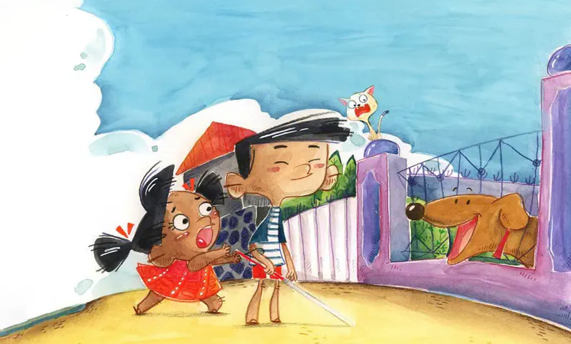A startled girl and a boy with a white cane pass a purple gate where a friendly dog and surprised cat greet them.